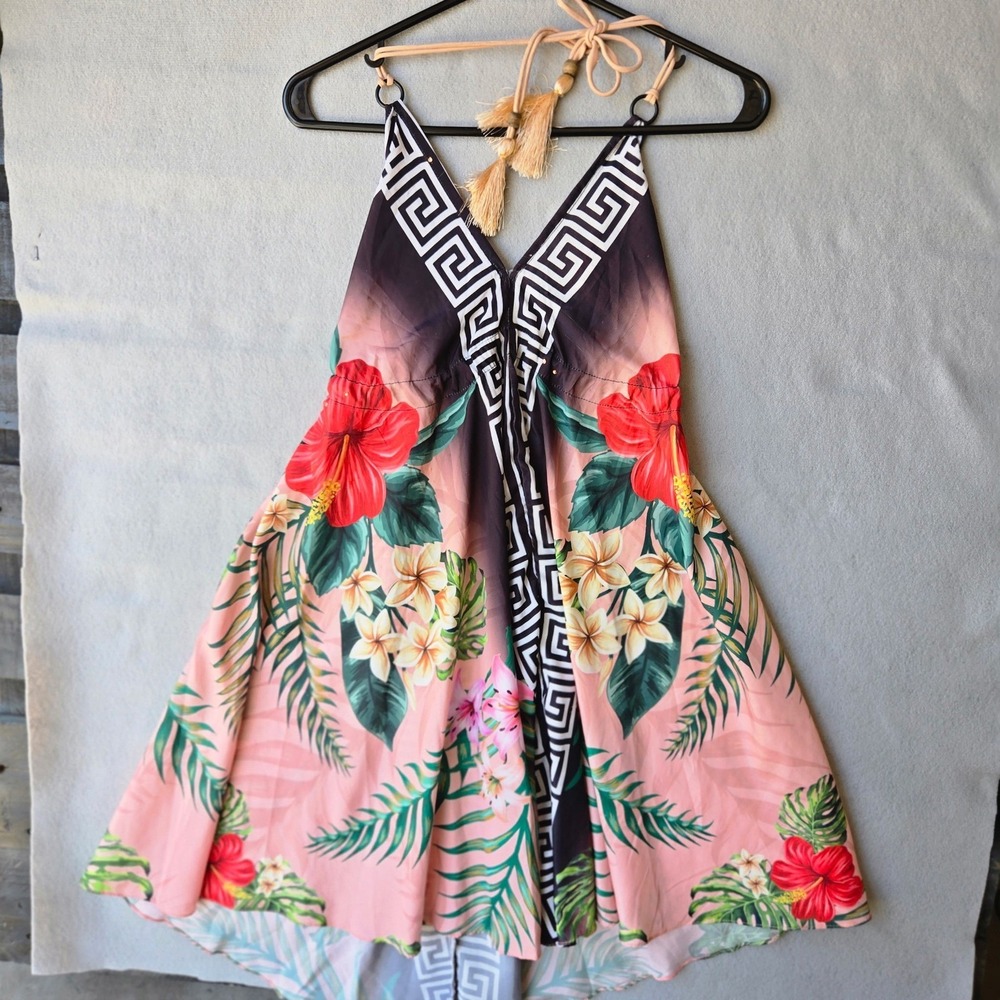 MT Collection Tropical Floral Greek Key  Pink Black One Size Tassels beach cover